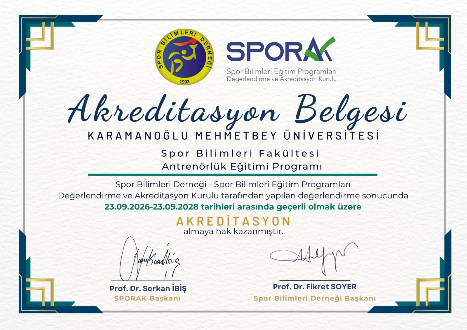 Antrenörlük Eğitimi Bölümümüz SPORAK tarafından Akredite edildi. 