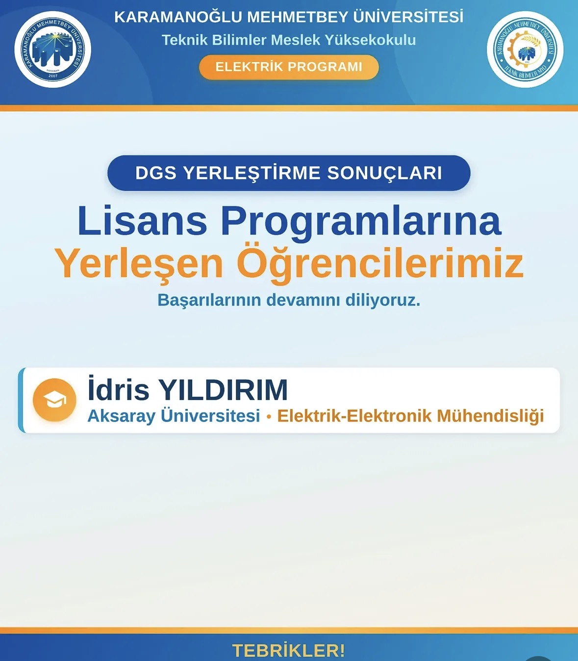 Lisans Programına Yerleşen Öğrencimiz