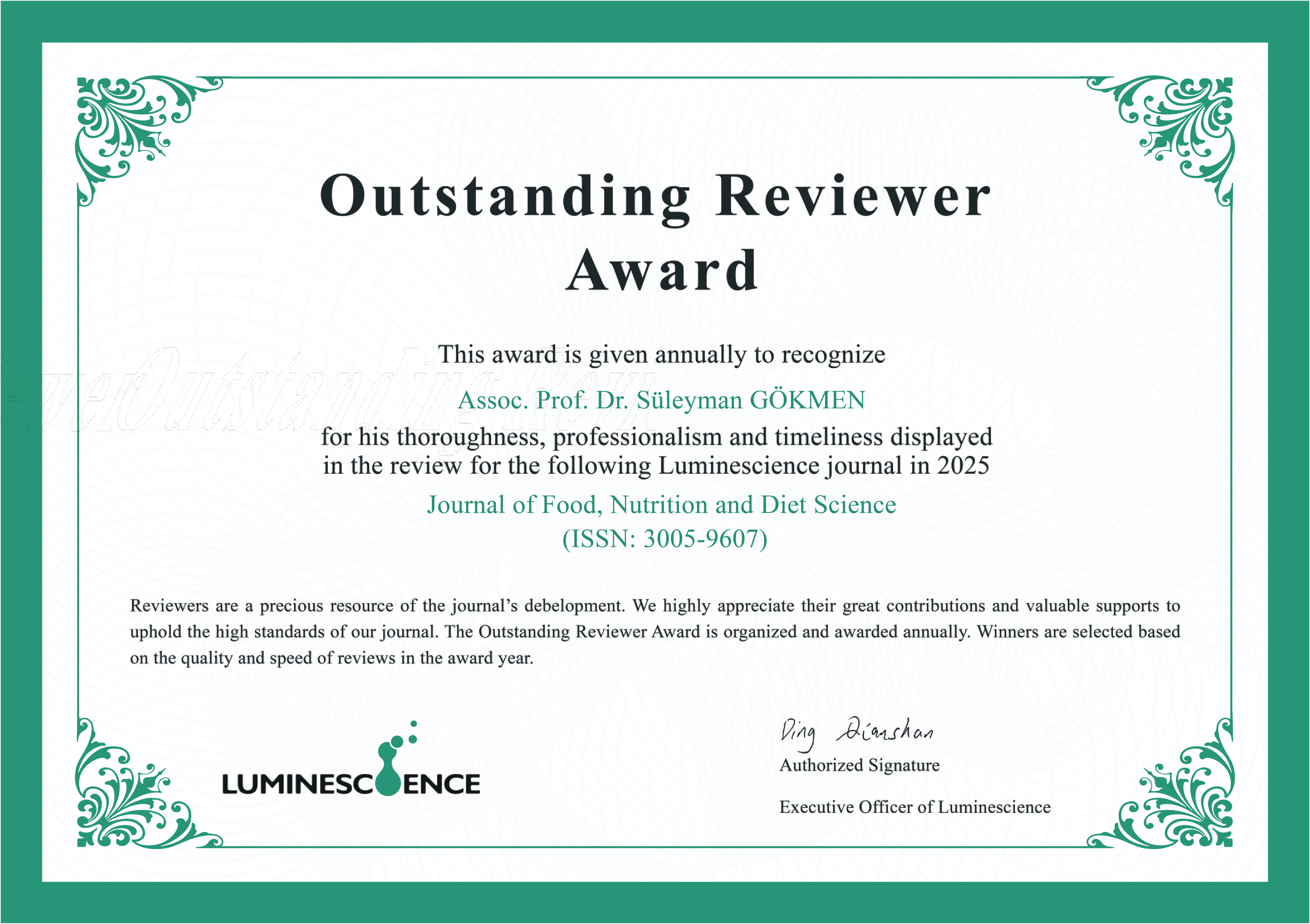 Doç. Dr. Süleyman Gökmen, Uluslararası Dergiden “Outstanding Reviewer” Ödülü Aldı