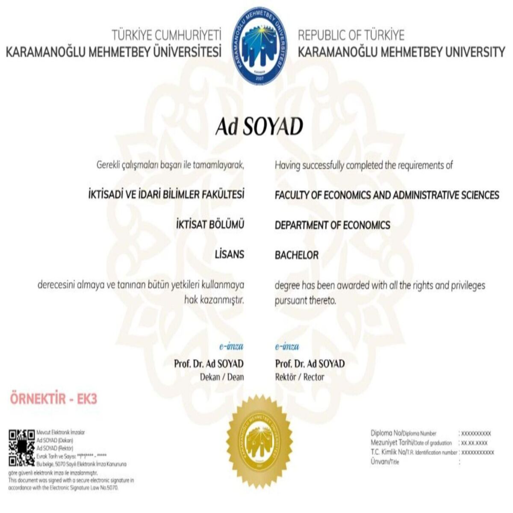 🎓Karamanoğlu Mehmetbey Üniversitesi Diplomalarında Yenilik, Türkçe ve İngilizce Tasarım🎓