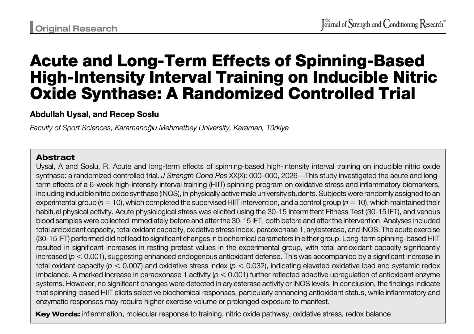 Antrenörlük Eğitimi Anabilim Dalı Öğrencisi Abdullah UYSAL'ın Tezden Üretmiş Olduğu Yayın SCI/Q1 Dergide Yayınlandı