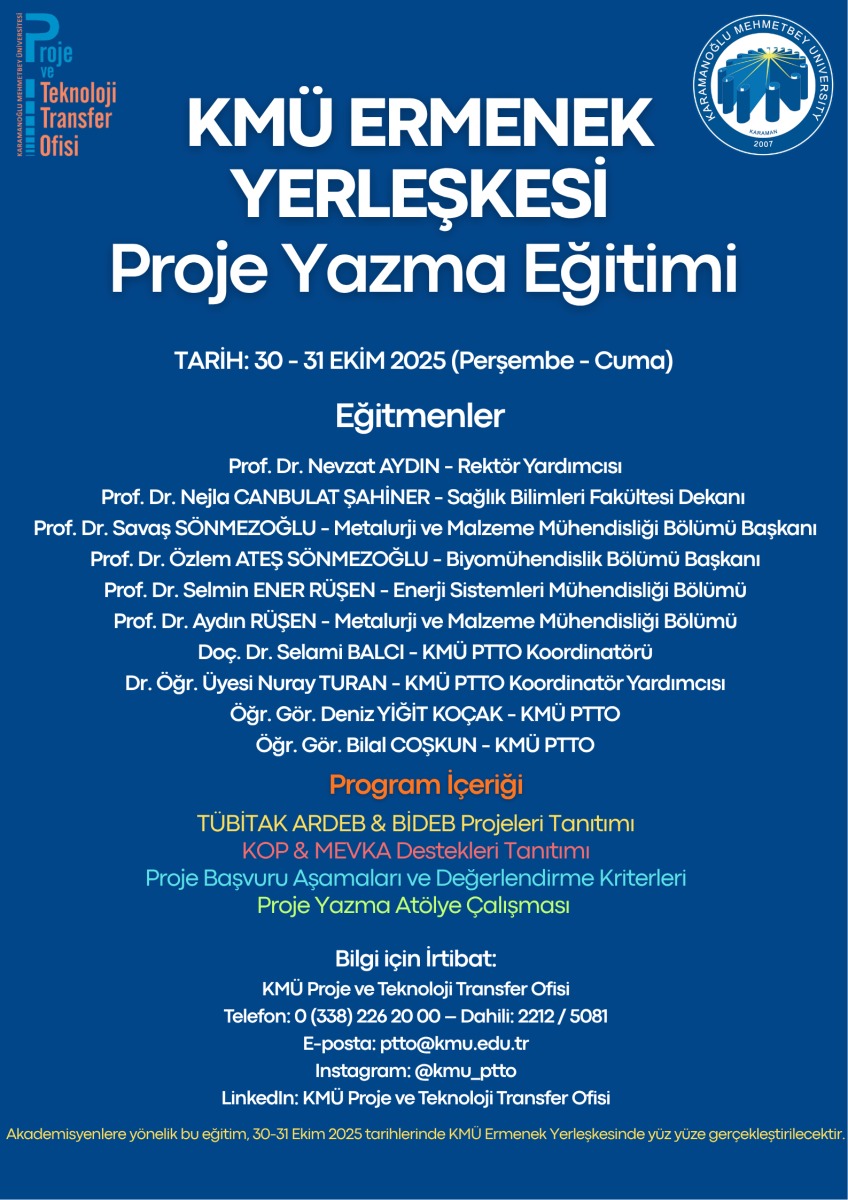 Karamanoğlu Mehmetbey Üniversitesinde Akademisyenlere ve Öğrencilere Yönelik "Proje Yazma Eğitimi" Düzenlenecek