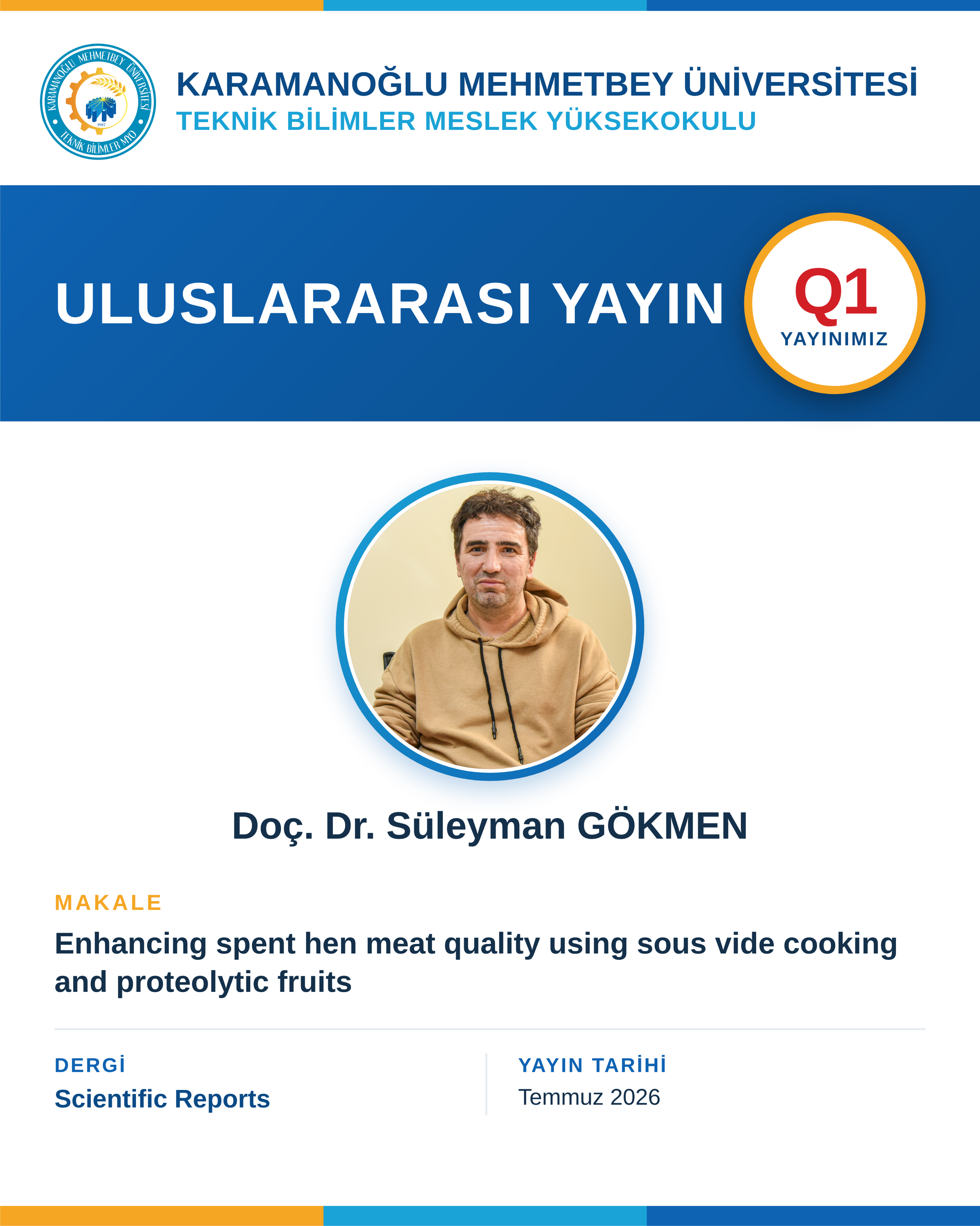 Doç. Dr. Süleyman Gökmen'in Çalışması, Uluslararası Q1 Kategorisindeki Scientific Reports Dergisinde Yayımlandı