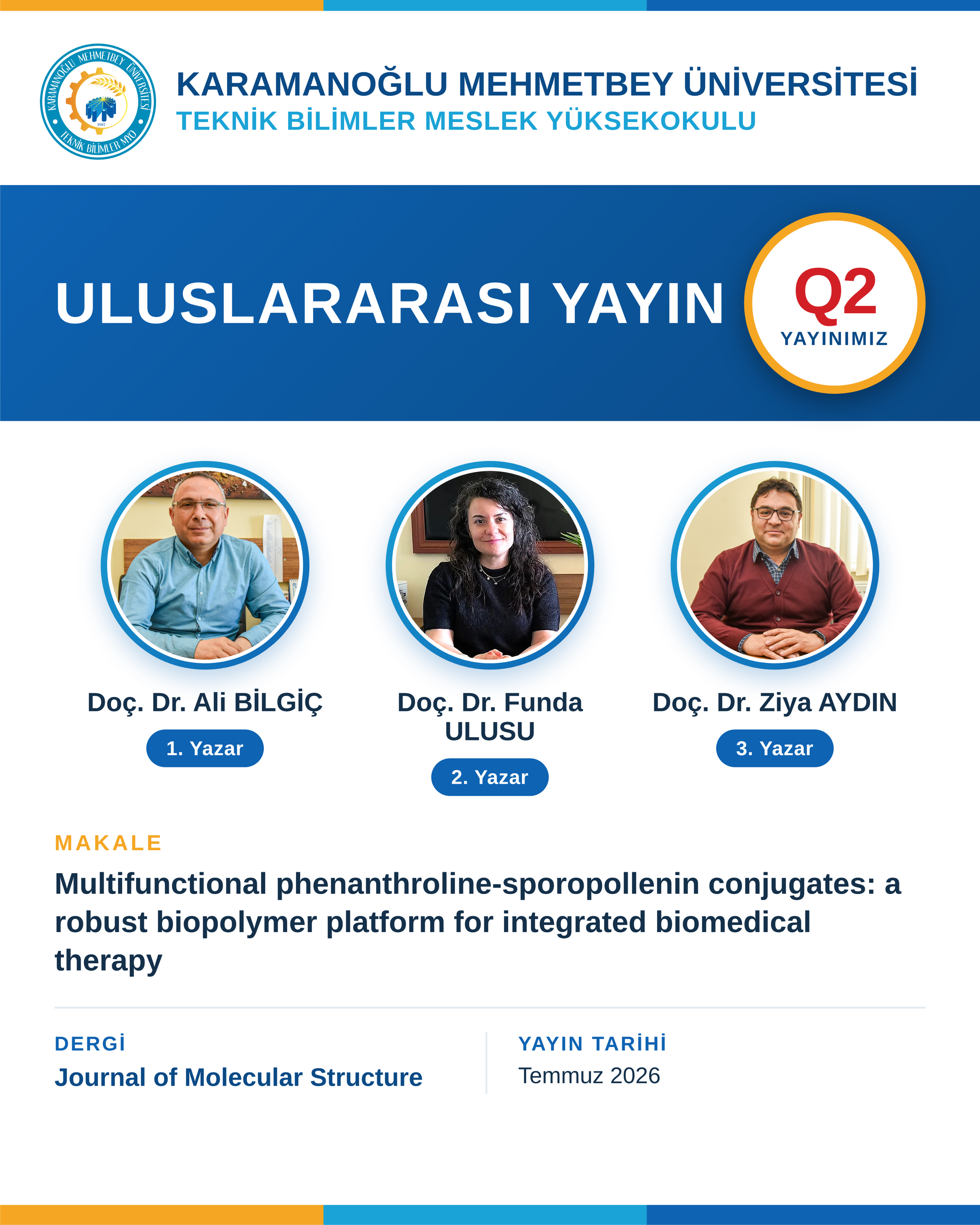 Doç. Dr. Ali Bilgiç, Doç. Dr. Funda Ulusu ve Doç. Dr. Ziya Aydın'ın Ortak Çalışması, Uluslararası Q2 Kategorisindeki Journal of Molecular Structure Dergisinde Yayımlandı