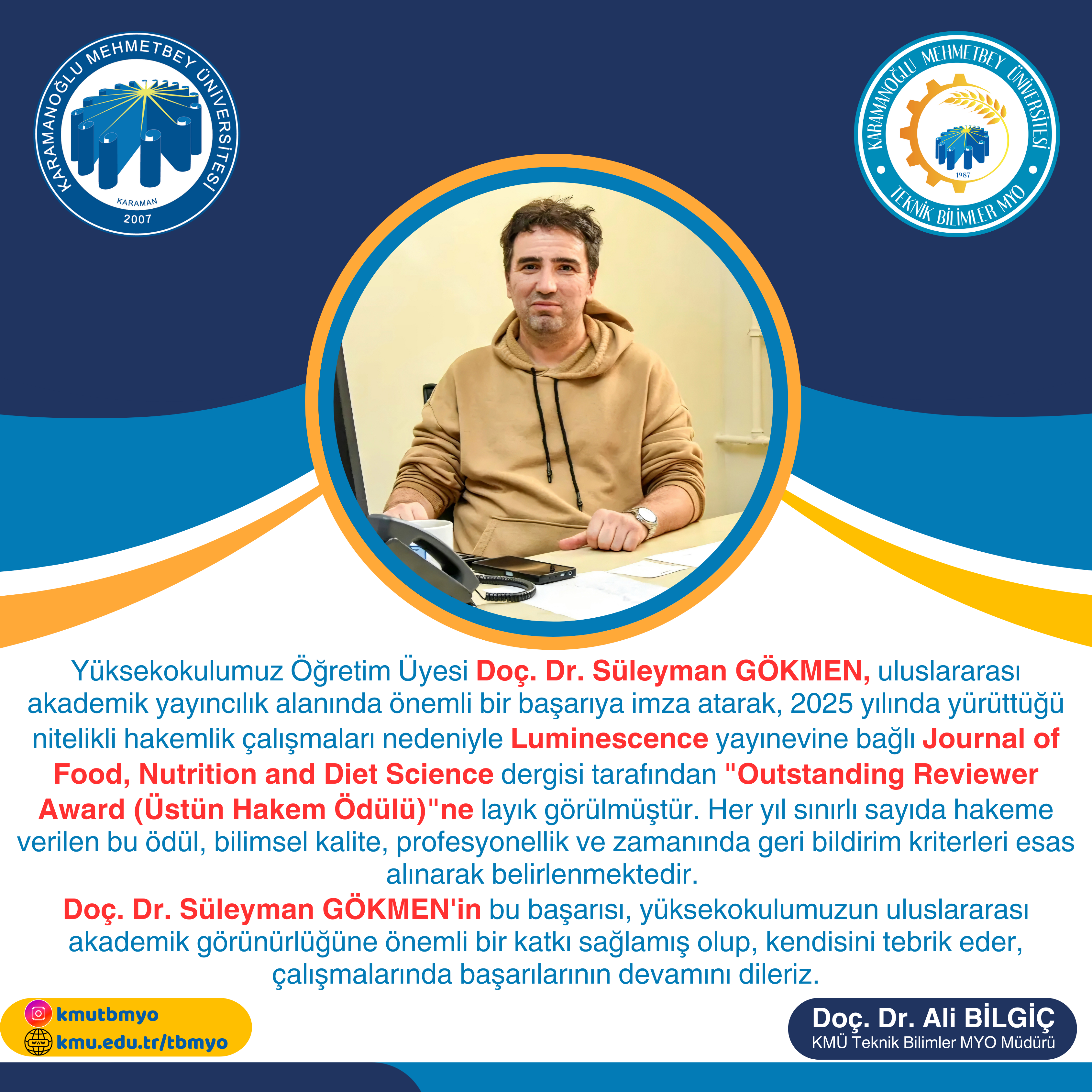 Doç. Dr. Süleyman GÖKMEN Uluslararası Üstün Hakem Ödülüne Layık Görüldü